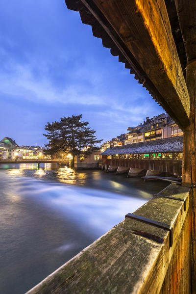 Aare river from the old wood bridge. Thun, Canton of Bern, Switzerland, Europe.