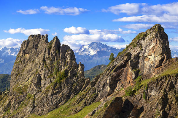 Mount Disgrazia between two rocky peaks. Valgerola, Orobie Alps, Valtellina, Lombardy, Italy, Europe