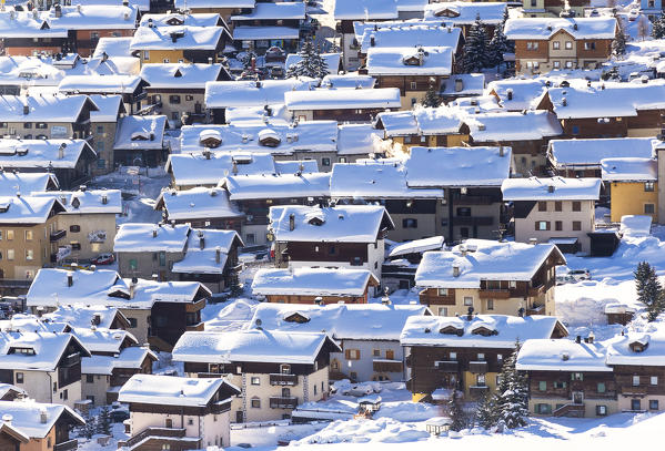 Elevated view of snowy roofs. Livigno, Valtellina, Lombardy, Italy, Europe.