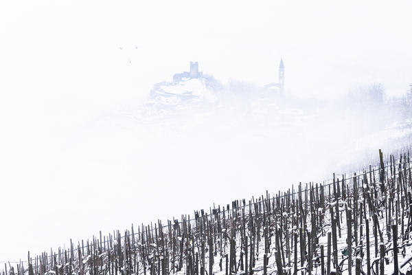 Castel Grumello and Sant'Antonio church in the fog. Montagna in Valtellina, Valtellina, Sondrio province, Italy, Europe.