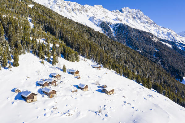 Aerial view of traditional alpine huts. Soglio, Bregaglia Valley, Canton of Grisons, Switzerland, Europe.