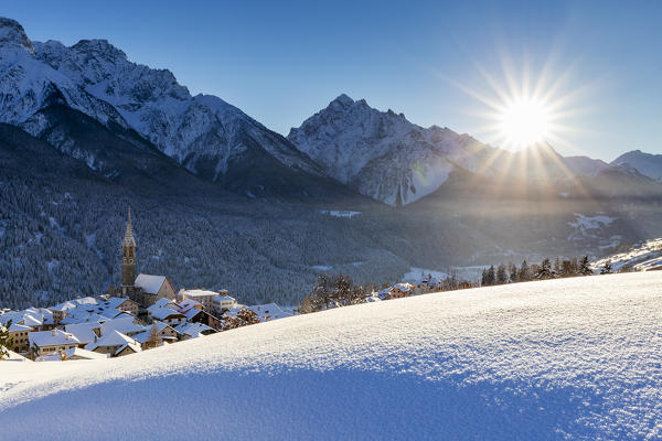 Fresh snow in the village of Sent, Lower Engadine, Canton of Grisons, Switzerland, Europe.