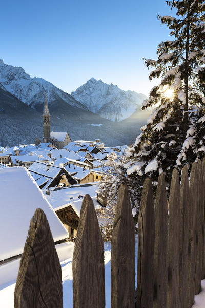 Fresh snow in the village of Sent, Lower Engadine, Canton of Grisons, Switzerland, Europe.