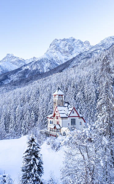 The old Villa Engiadina hotel after snowfall. Scuol, Falera, Engadine valley, Canton of Grisons, Switzerland, Europe.