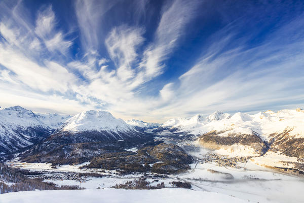 Elevated view of Engadine valley. Canton of Grisons, Switzerland, Europe.