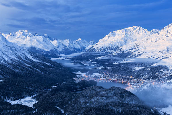 Elevated view of high Engadine at dusk. Engadine valley, Canton of Grisons, Switzerland, Europe.