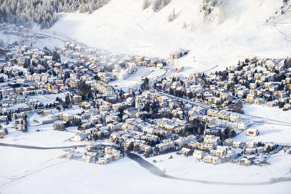 Elevated view of Celerina, Engadine valley. Canton of Grisons, Switzerland, Europe.