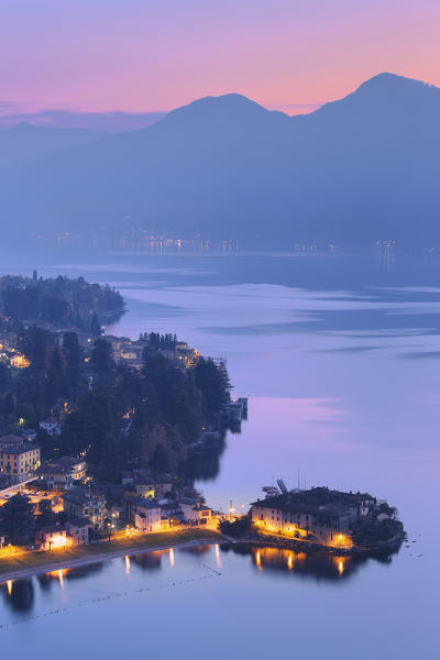 Village of Lierna at dusk. Lierna, Como Lake, Lombardy, Italy, Europe.