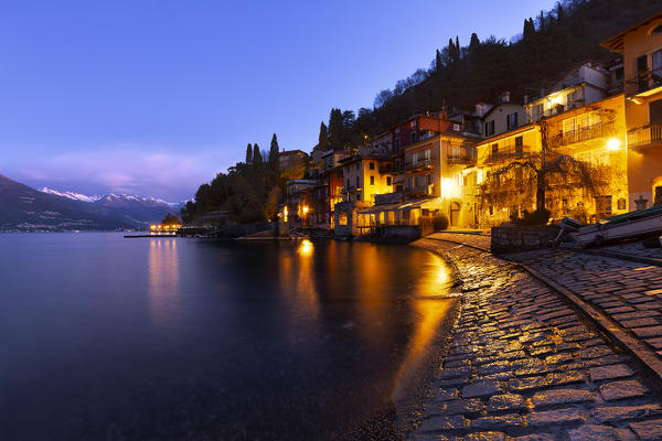 Village of Varenna at dusk.  Como Lake, Lombardy, Italy, Europe.