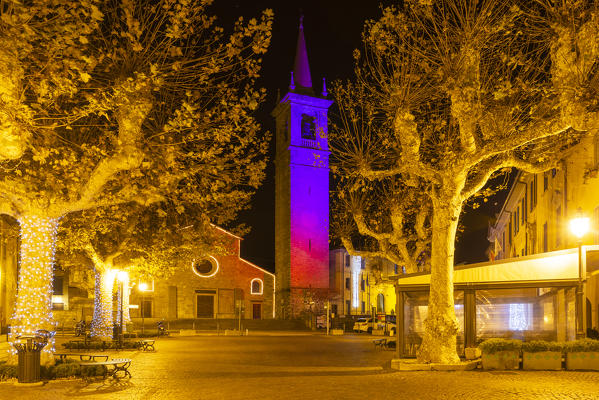 Christmas lights at the church of Varenna, Como Lake, Lombardy, Italy, Europe.