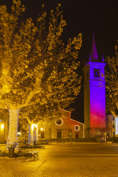 Christmas lights at the church of Varenna, Como Lake, Lombardy, Italy, Europe.