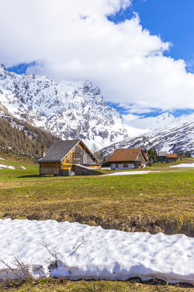 Traditional huts in Val Radons(Radons valley), Albula region, Canton of Grisons, Switzerland, Europe.