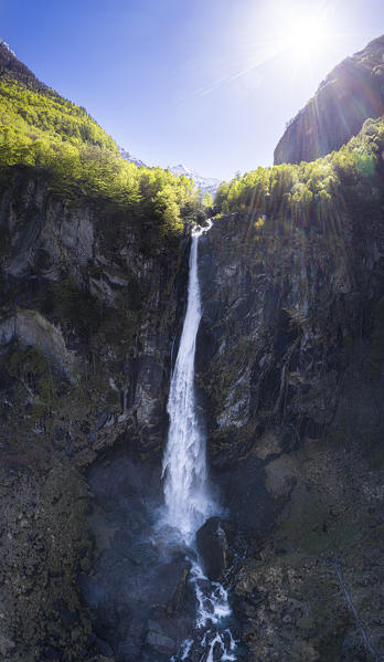 Aerial view of Foroglio Waterfall ,Val Bavona, Canton of Ticino, Switzerland, Europe.