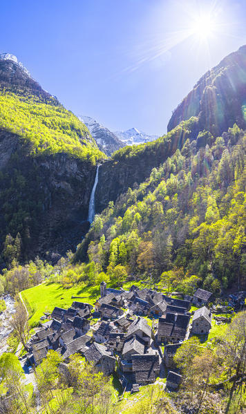 Aerial view of Foroglio,Val Bavona, Canton of Ticino, Switzerland, Europe.