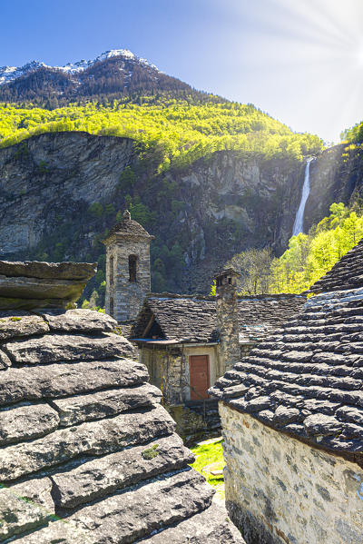 Traditional houses and church of Foroglio,Val Bavona, Canton of Ticino, Switzerland, Europe.