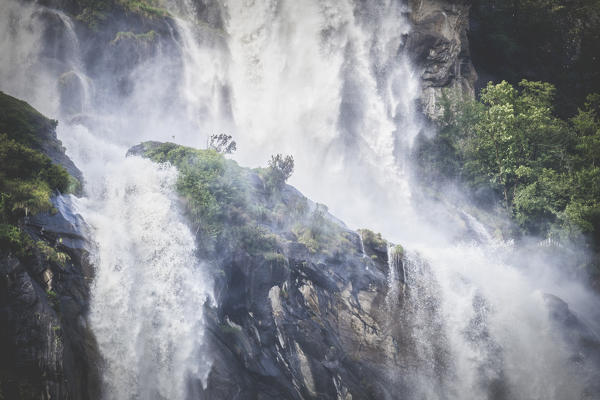 Detail of Acquafraggia Waterfall in spring. Valchiavenna, Valtellina, Lombardy, Italy, Europe.