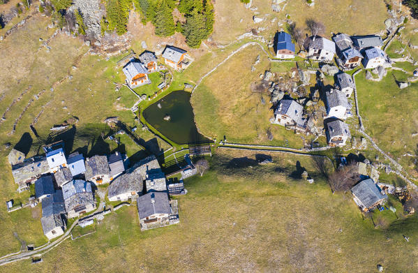 Aerial view of the tiny village of Lagunc. Valchiavenna, Valtellina, Lombardy, Italy, Europe.