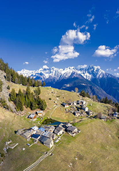 Aerial view of the tiny village of Lagunc. Valchiavenna, Valtellina, Lombardy, Italy, Europe.