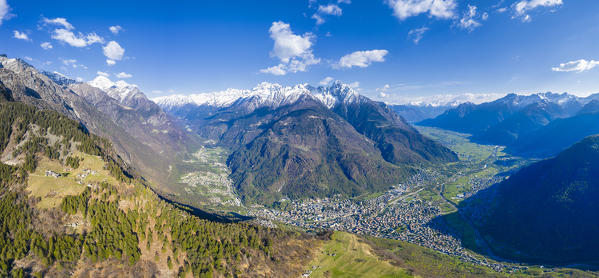 Panoramic view of Valchiavenna in spring. Valchiavenna, Valtellina, Lombardy, Italy, Europe.