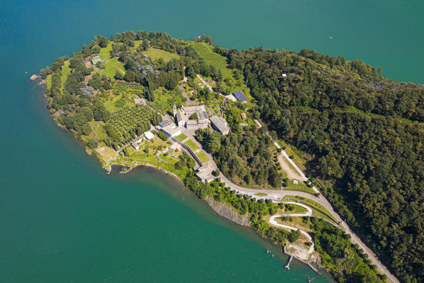 Aerial view of Piona Abbey(Abbazia Priorato di Piona), Province of Lecco, Como Lake, Italy, Europe.