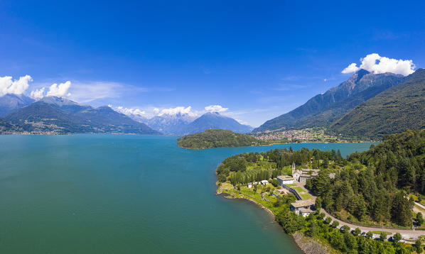 Aerial view of Piona Abbey(Abbazia Priorato di Piona), Province of Lecco, Como Lake, Italy, Europe.