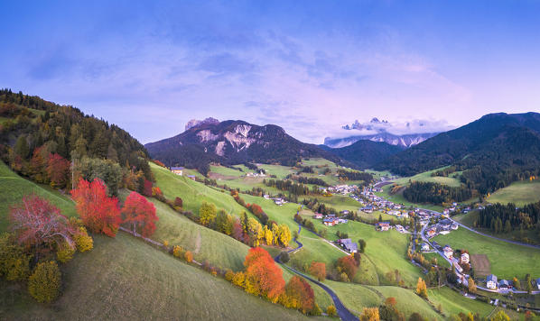 Panoramic view of the Funes Valley with the Odle peaks in the background. Dolomites, province of Bolzano, South Tirol, Italy, Europe.