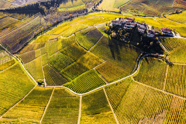 Aerial view of Montestefano village in autumn. Barbaresco region, Piedmont, Italy, Europe.