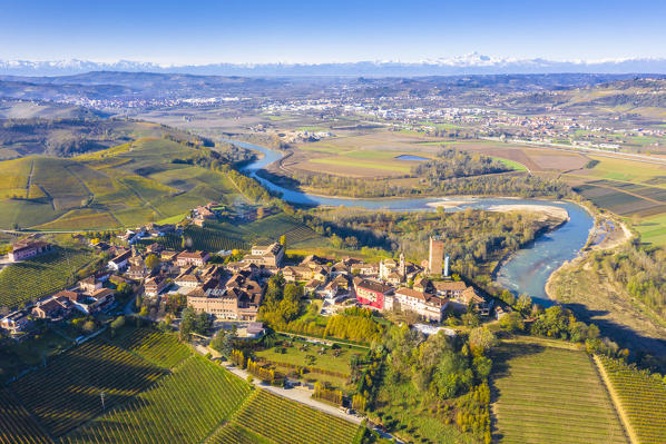 Aerial view of Barbaresco village with Tanaro river in the background. Barbaresco region, Piedmont, Italy, Europe.