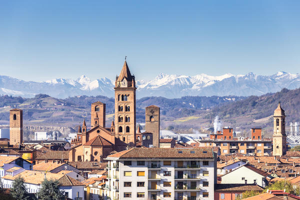 Skyline of Alba with Alps in the background. Village of Alba, Piedmont, Italy, Europe.