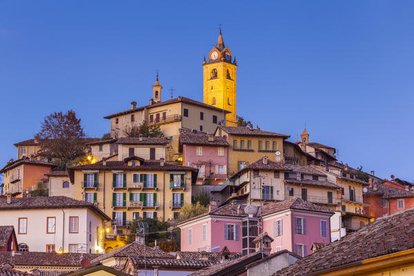 Village of Monforte d'Alba at twilight, Langhe, Piedmont, Italy, Europe.