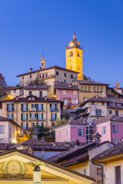 Village of Monforte d'Alba at twilight, Langhe, Piedmont, Italy, Europe.