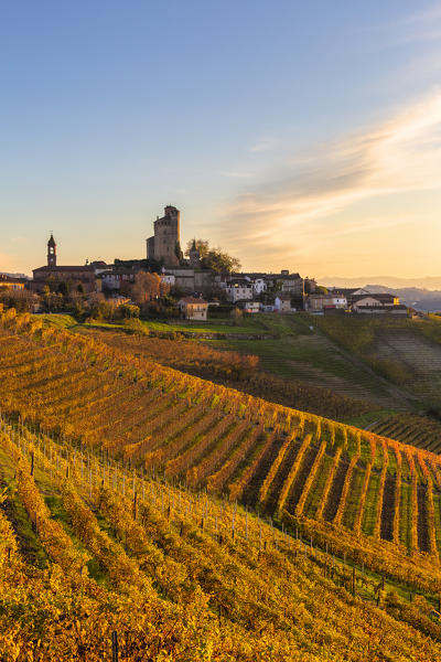 Village of Serralunga d'Alba at sunset. Langhe, Piedmont, Italy, Europe.