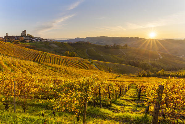 Village of Serralunga d'Alba at sunset. Langhe, Piedmont, Italy, Europe.