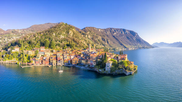 Panoramic aerial view of Varenna, Como Lake, Lombardy, Italy, Europe.