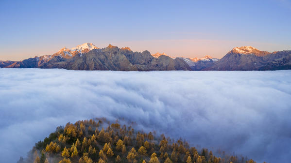 Fog covers the Valmalenco(Val Malenco) with the mountain range of Disgrazia illuminated by sunrise in the background. Valtellina, Lombardy, Italy, Europe.