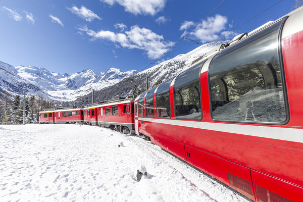 Transit of Bernina Express train at Montebello curve with view on Morterasch glacier , Canton of Graubunden, Switzerland, Europe.