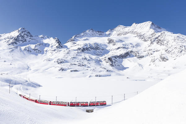 Bernina Express transit along Lago Bianco in winter , Bernina Pass, Engadin, Canton of Graubunden, Switzerland, Europe.