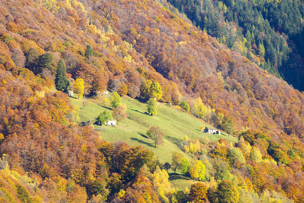 Traditional old huts in the autumn colors. Valgerola(Gerola valley), Orobie, Valtellina, Lombardy, Italy