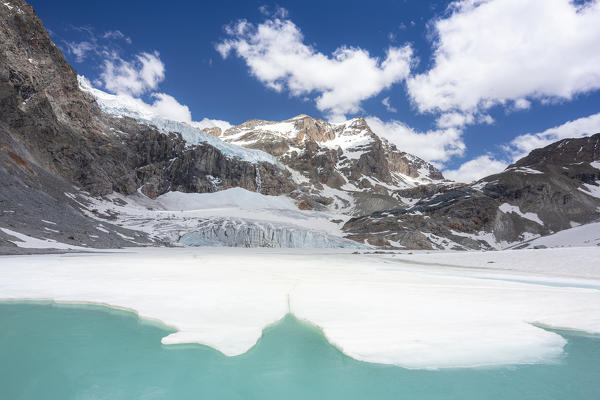 Summer thaw of Fellaria Glacier. Valmalenco, Valtellina, Sondrio province, Lombardy, Italy, Europe.