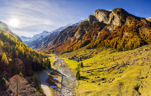 Aerial view of Bodengo valley in autumn. Valchiavenna, Valtellina, Lombardy, Italy, Europe.