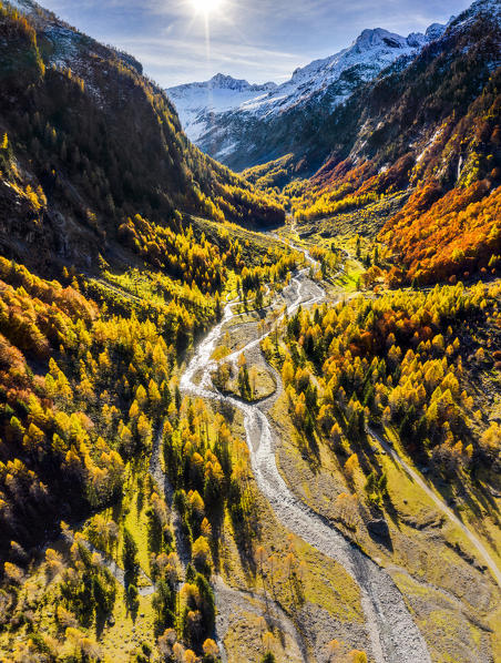 Aerial view of wild torrent in autumn. Val Bodengo(Bodengo valley), Valchiavenna, Valtellina, Lombardy, Italy, Europe.