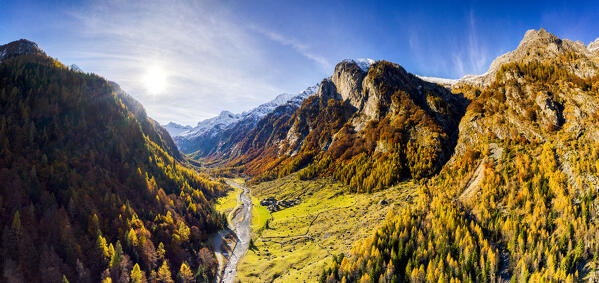 Panoramic aerial view of Val Bodengo during autumn. Valchiavenna, Valtellina, Lombardy, Italy, Europe