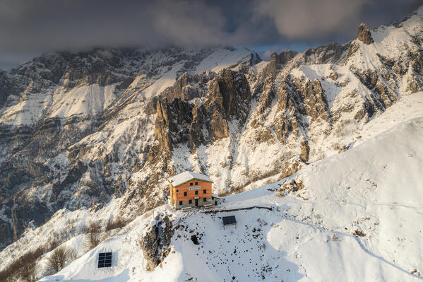 Aerial view of Rifugio Rosalba with Grignone in the background.. Grignetta, Grigne group, Lake Como, Lombardy, Italy, Europe