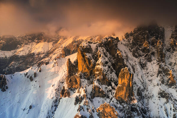 Aerial view of rock pinnacles of Grignetta at sunset with Rifugio Rosalba. Grignetta, Grigne group, Lake Como, Lombardy, Italy, Europe