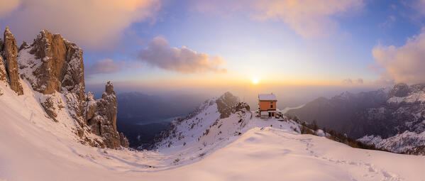 Panoramic view at sunset of Rifugio Rosalba at sunset. Grignetta, Grigne group, Lake Como, Lombardy, Italy, Europe