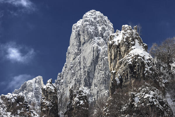 Torrione del Pertusio after a snowfall. Grignetta, Grigne group, Lake Como, Lombardy, Italy, Europe