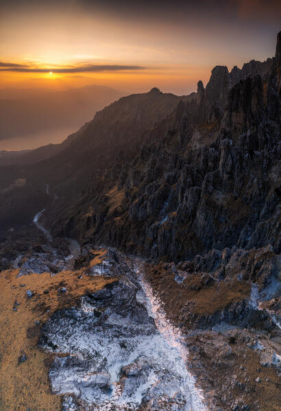 Aerial view of rock pinnacles of Grignetta at sunset. Grigne group, Lake Como, Lombardy, Italy, Europe