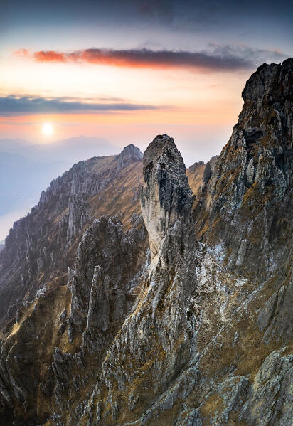 Aerial view of Torre Cecilia pinnacle in the Grignetta. Grigne group, Lake Como, Lombardy, Italy, Europe