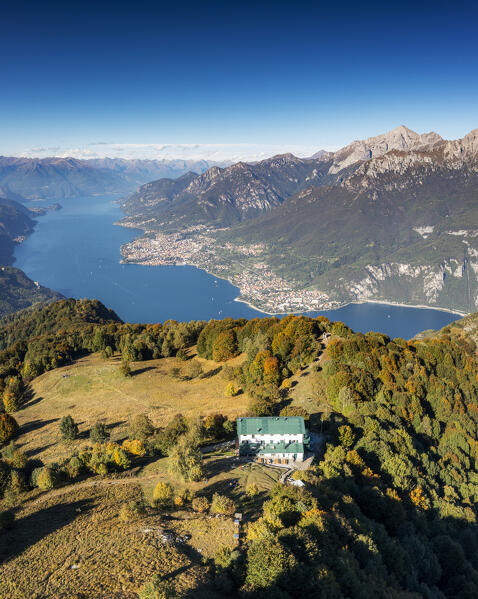 Aerial view of Sev refuge with view on Lake Como in the background. Lombardy, Italy, Europe.