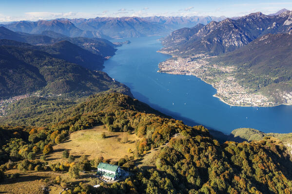 Aerial view of Sev refuge with view on Lake Como in the background. Lombardy, Italy, Europe.